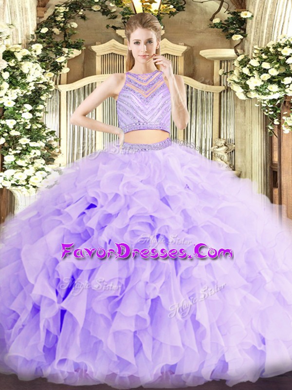 Latest Lavender Sleeveless Floor Length Beading and Ruffles Zipper Quinceanera Gowns