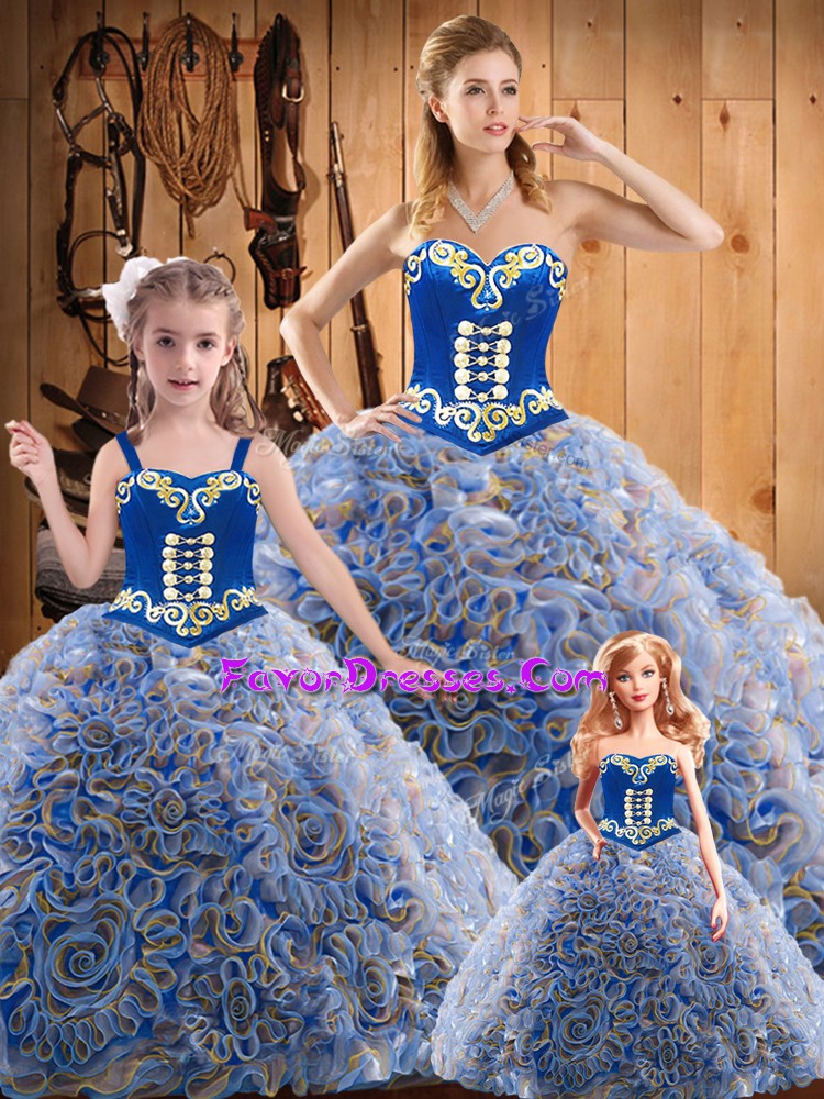  Multi-color Lace Up Sweetheart Embroidery Sweet 16 Dress Fabric With Rolling Flowers Sleeveless Sweep Train