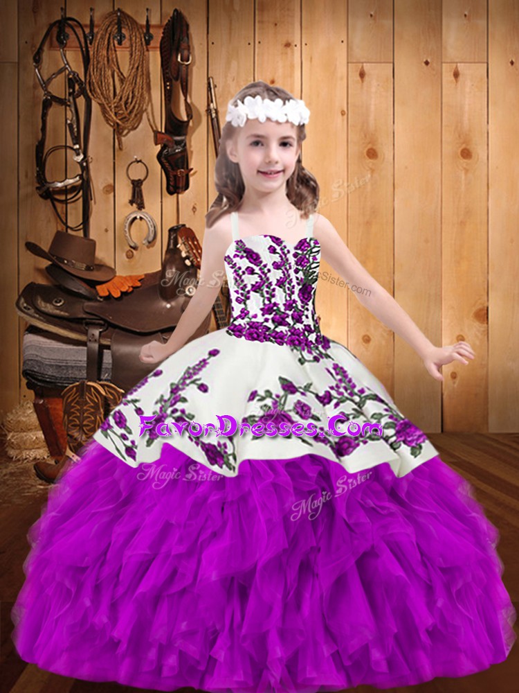 Super Purple Organza Lace Up Kids Formal Wear Sleeveless Floor Length Beading and Embroidery