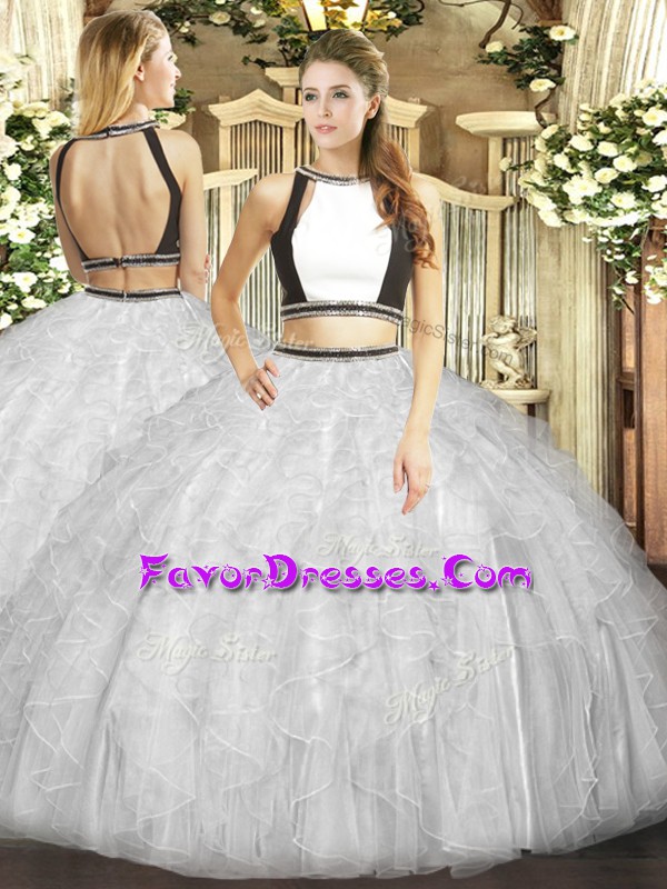 Glittering White Sweet 16 Quinceanera Dress Military Ball and Sweet 16 and Quinceanera with Ruffles Halter Top Sleeveless Backless