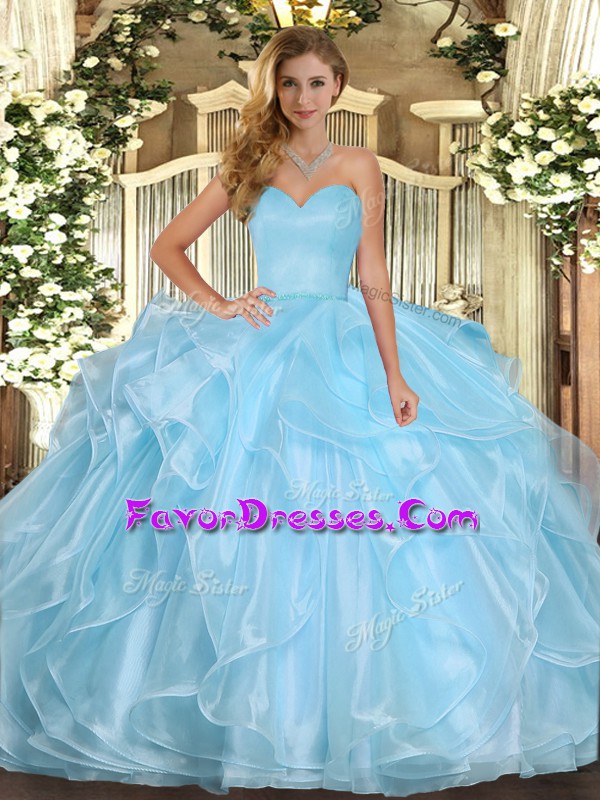 Artistic Aqua Blue Lace Up Sweet 16 Dress Ruffles Sleeveless Floor Length