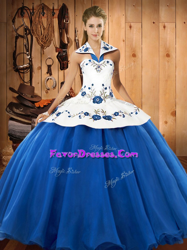 Glorious Blue And White Ball Gowns Satin and Tulle Halter Top Sleeveless Embroidery Floor Length Lace Up Vestidos de Quinceanera