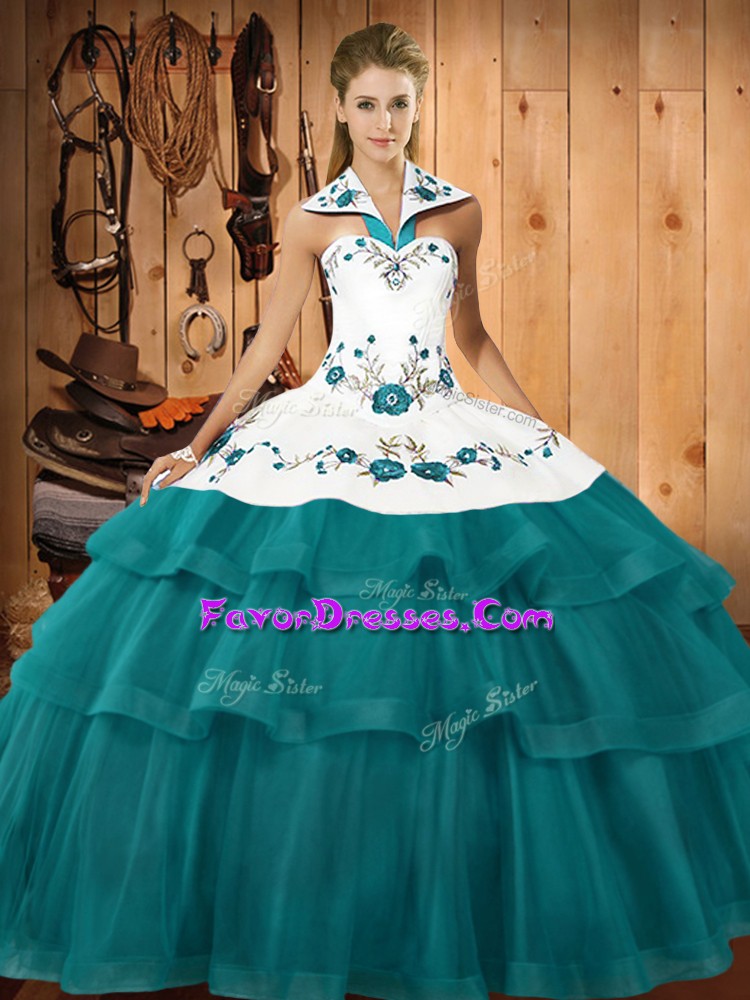  Halter Top Sleeveless Quince Ball Gowns Sweep Train Embroidery and Ruffled Layers Teal Organza