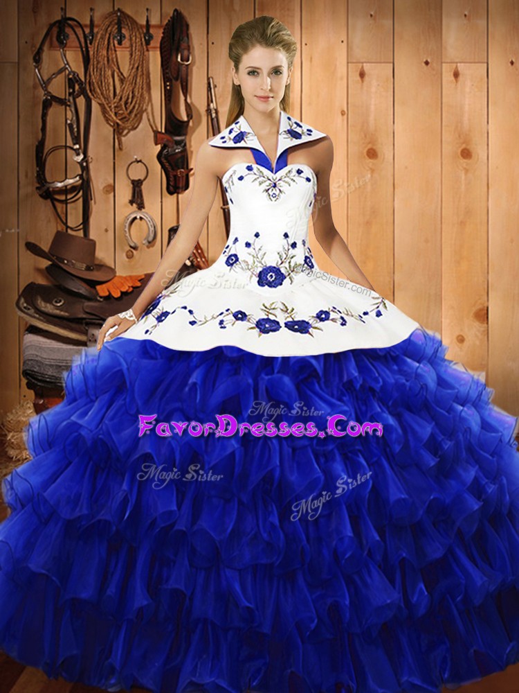  Floor Length Lace Up Quinceanera Dresses Royal Blue for Military Ball and Sweet 16 and Quinceanera with Embroidery and Ruffled Layers