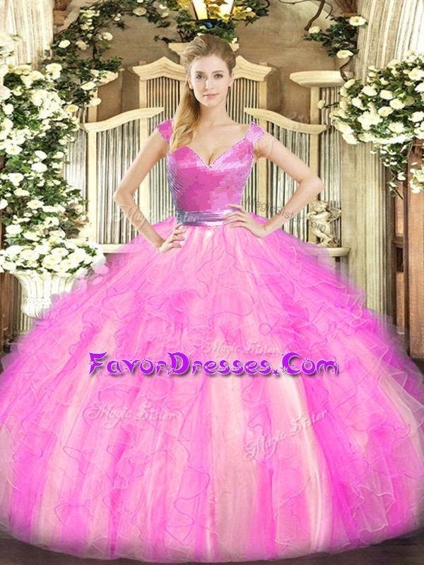 Cute Rose Pink Ball Gowns Beading and Ruffles Vestidos de Quinceanera Zipper Tulle Sleeveless Floor Length