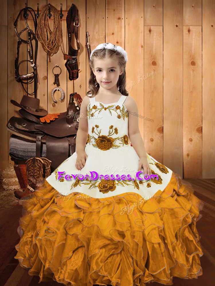  Gold Sleeveless Organza Zipper Little Girls Pageant Dress Wholesale for Sweet 16 and Quinceanera