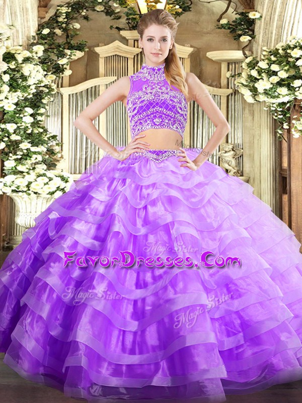 Elegant Lavender Two Pieces High-neck Sleeveless Tulle Floor Length Backless Beading and Ruffled Layers Quinceanera Gowns