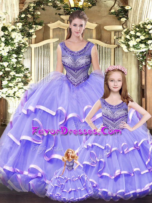  Lilac Quince Ball Gowns Military Ball and Sweet 16 and Quinceanera with Beading and Ruffled Layers Scoop Sleeveless Lace Up