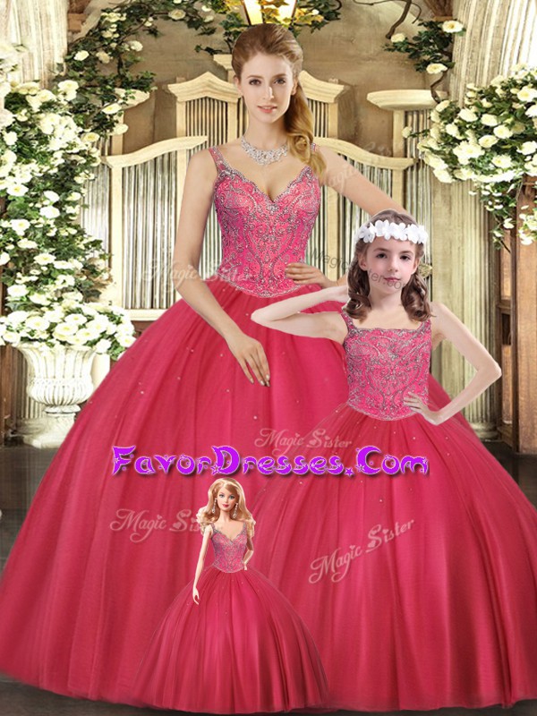 Hot Sale Hot Pink Straps Lace Up Beading 15th Birthday Dress Sleeveless