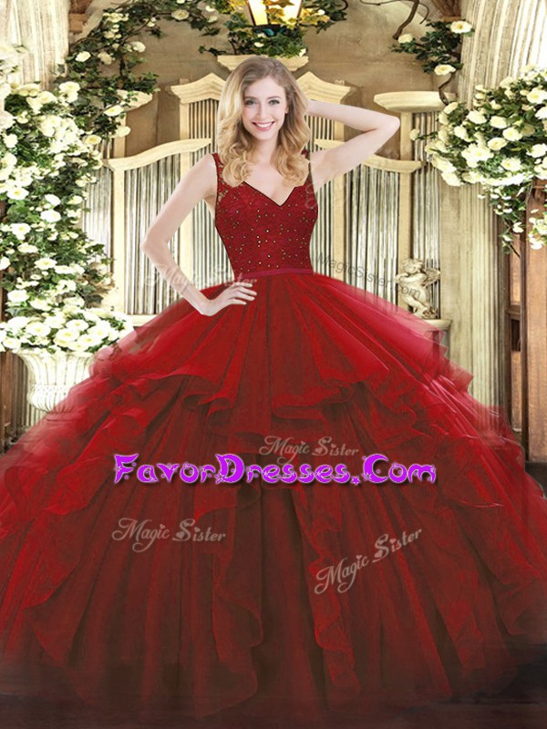 Glittering Sleeveless Organza Floor Length Backless Sweet 16 Quinceanera Dress in Wine Red with Beading and Lace and Ruffles