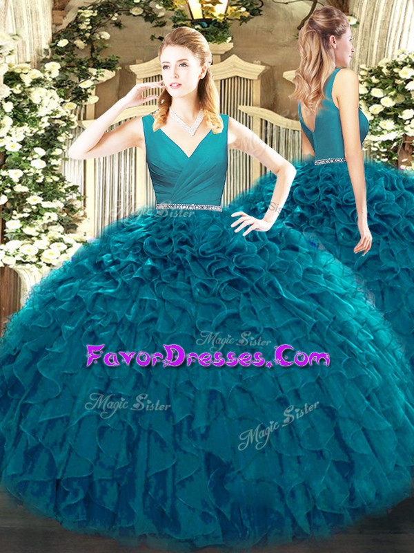  Tulle V-neck Sleeveless Zipper Beading and Ruffles Quince Ball Gowns in Teal 