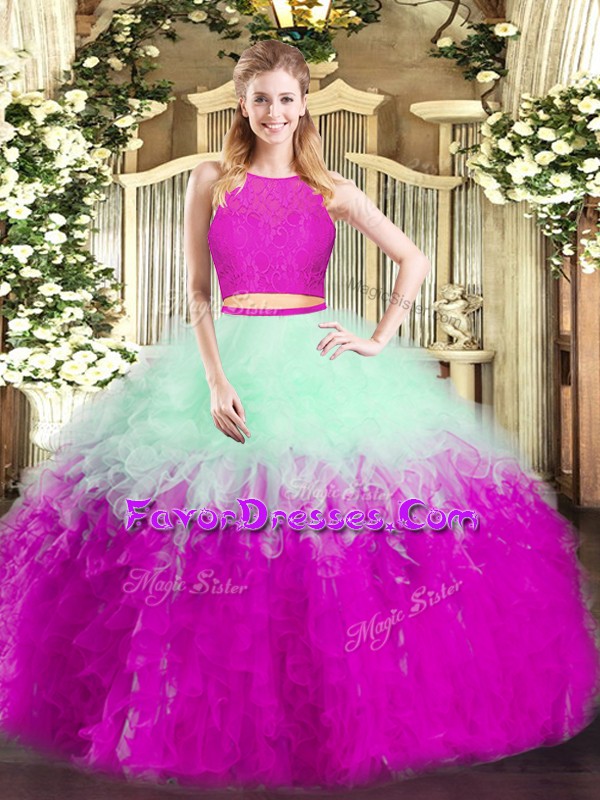 Trendy Multi-color Two Pieces Scoop Sleeveless Tulle Floor Length Zipper Ruffles Quinceanera Gown