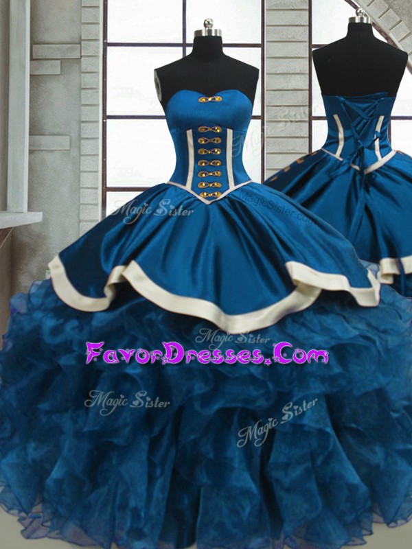  Blue Sweetheart Neckline Beading and Ruffles Ball Gown Prom Dress Sleeveless Lace Up