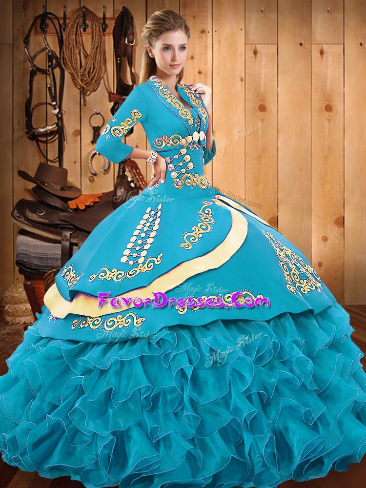  Sleeveless Organza and Taffeta Floor Length Lace Up 15th Birthday Dress in Teal with Embroidery and Ruffled Layers