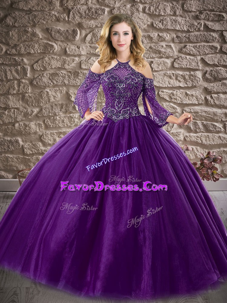  Purple Ball Gowns Halter Top 3 4 Length Sleeve Tulle Floor Length Zipper Beading Vestidos de Quinceanera