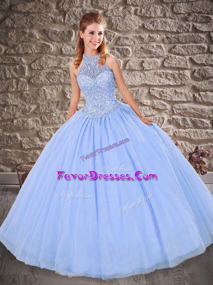 Luxurious Ball Gowns 15 Quinceanera Dress Lavender Halter Top Tulle Sleeveless Floor Length Lace Up