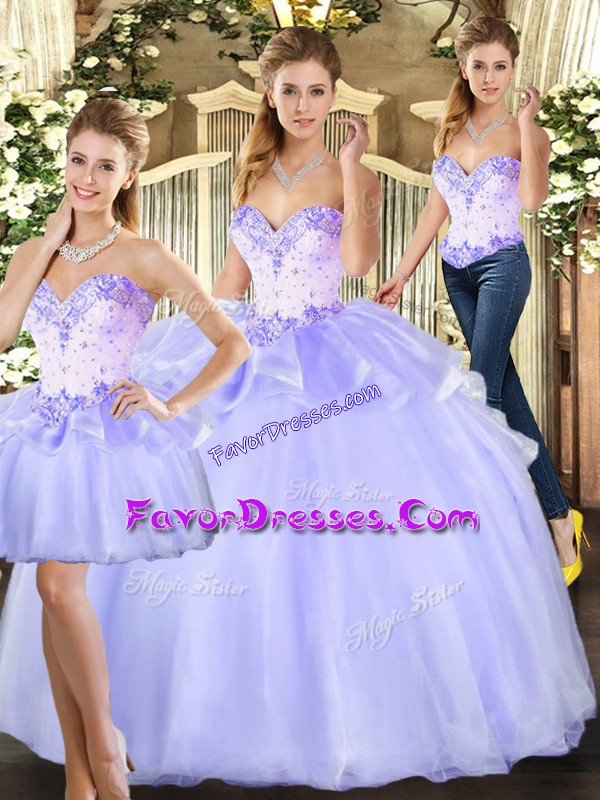 Traditional Organza Sweetheart Sleeveless Lace Up Beading 15 Quinceanera Dress in Lavender