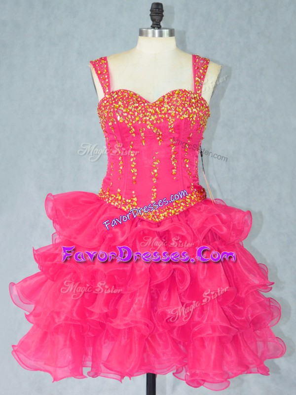 Traditional Mini Length Lace Up Homecoming Dress Hot Pink for Prom and Party with Beading and Ruffled Layers