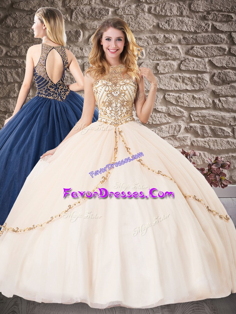 Affordable Champagne Ball Gowns Tulle High-neck Sleeveless Beading Floor Length Backless Vestidos de Quinceanera