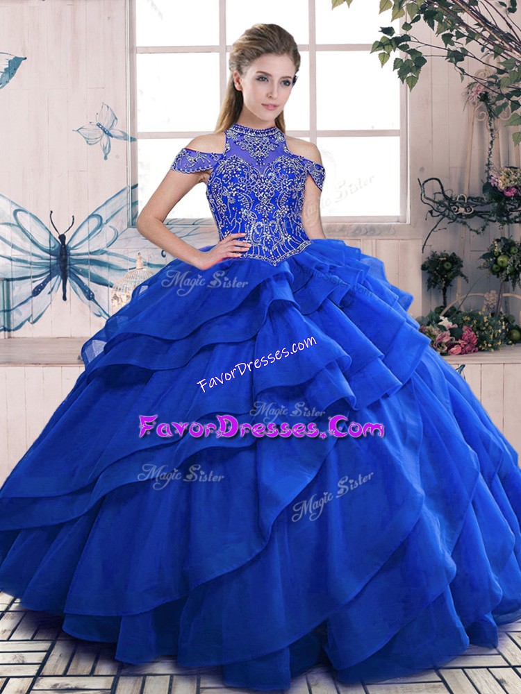  Royal Blue Ball Gowns Beading and Ruffled Layers Quinceanera Gowns Lace Up Organza Sleeveless Floor Length