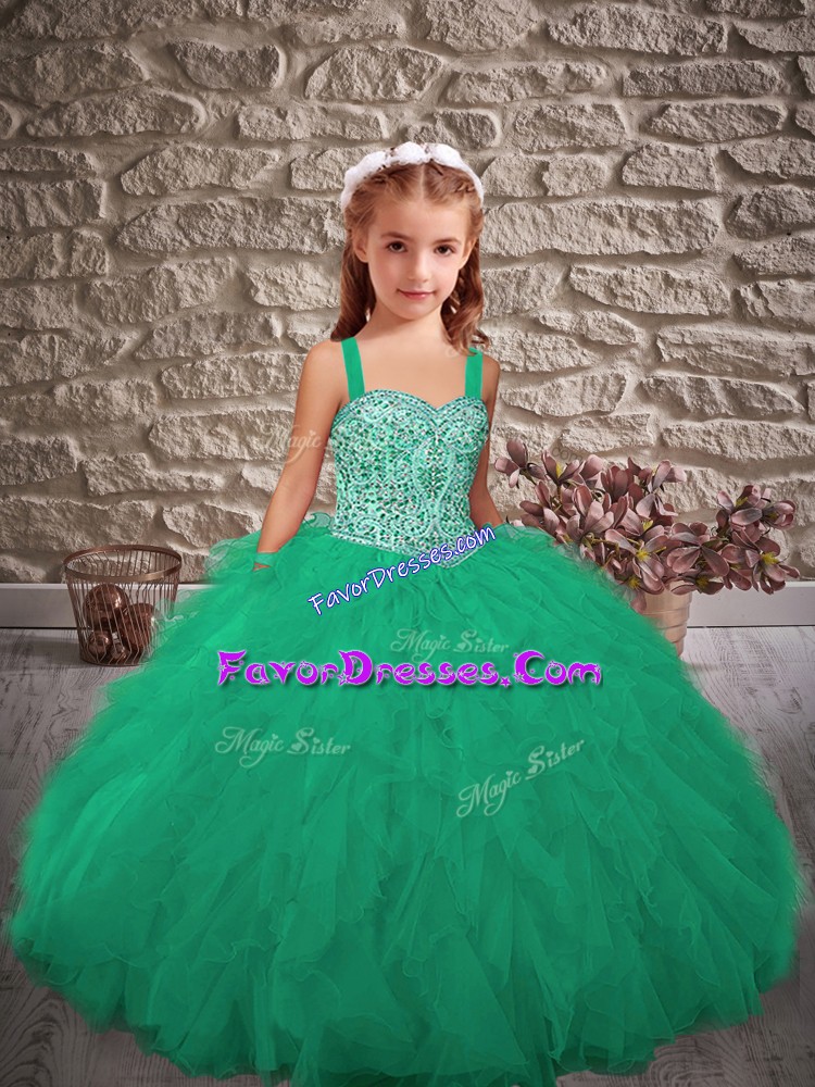 Lovely Beading and Ruffles Pageant Gowns For Girls Turquoise Lace Up Sleeveless Floor Length