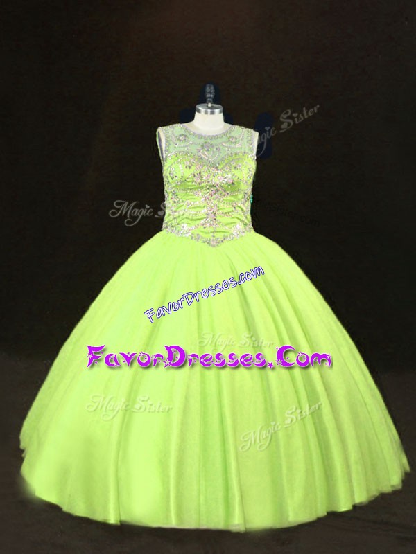  Sleeveless Tulle Floor Length Lace Up Quinceanera Dresses in Yellow Green with Beading