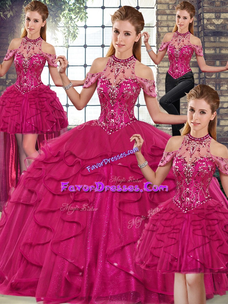  Ball Gowns Quinceanera Dresses Fuchsia Halter Top Tulle Sleeveless Floor Length Lace Up