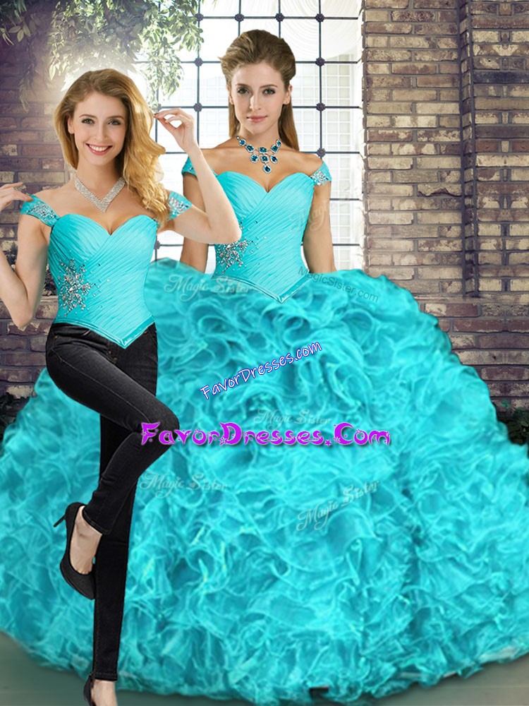 Fashion Aqua Blue Organza Lace Up Off The Shoulder Sleeveless Floor Length Quinceanera Gown Beading and Ruffles