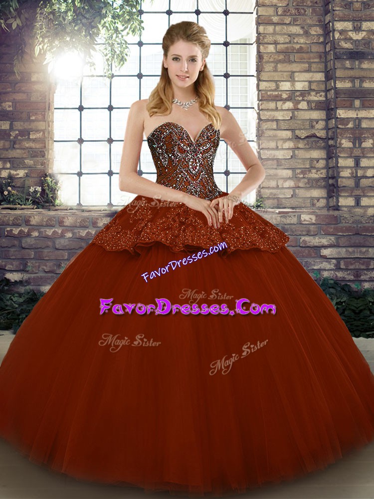  Floor Length Rust Red Quinceanera Gowns Sweetheart Sleeveless Lace Up