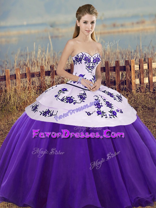 Extravagant Floor Length White And Purple 15th Birthday Dress Tulle Sleeveless Embroidery and Bowknot