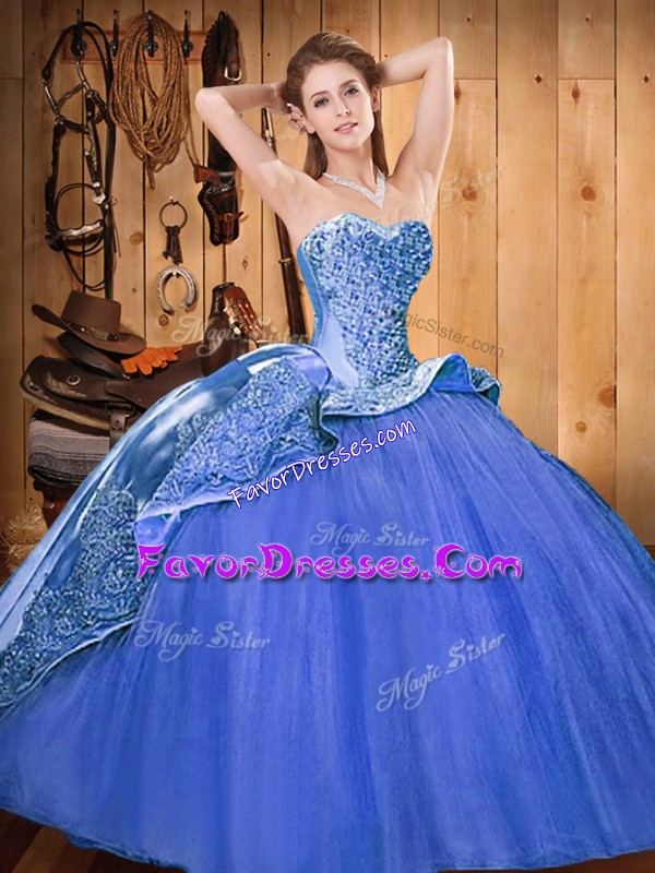  Lace Up Ball Gown Prom Dress Blue for Military Ball and Sweet 16 and Quinceanera with Beading and Embroidery Brush Train