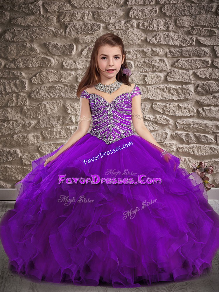  Beading and Ruffles Pageant Gowns For Girls Purple Lace Up Cap Sleeves Sweep Train