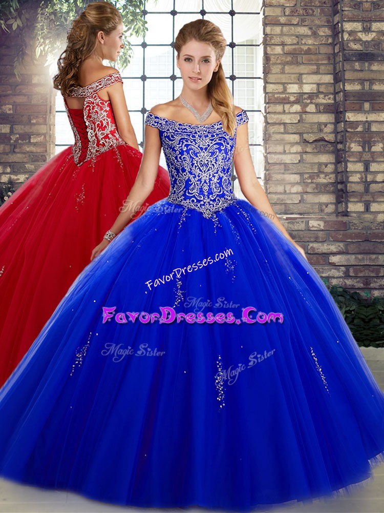  Tulle Off The Shoulder Sleeveless Lace Up Beading Quinceanera Dress in Royal Blue