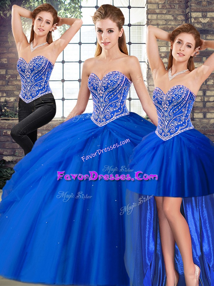  Sweetheart Sleeveless Brush Train Lace Up Ball Gown Prom Dress Royal Blue Tulle