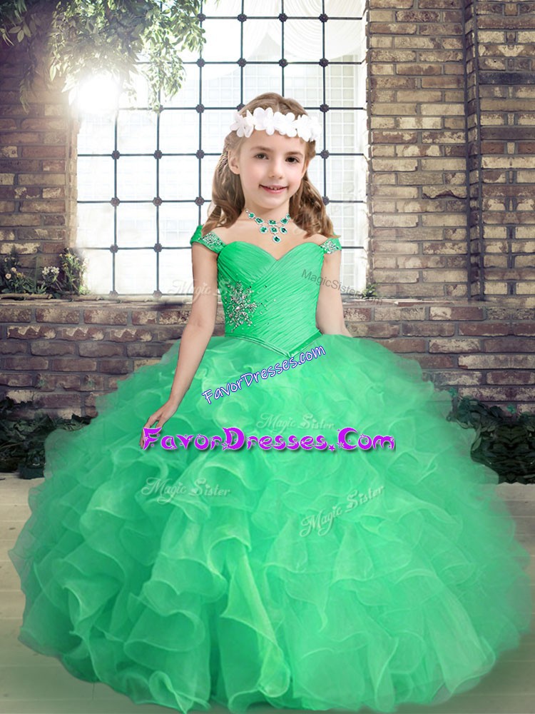  Organza Straps Sleeveless Lace Up Beading and Ruffles and Ruching Little Girls Pageant Gowns in Apple Green