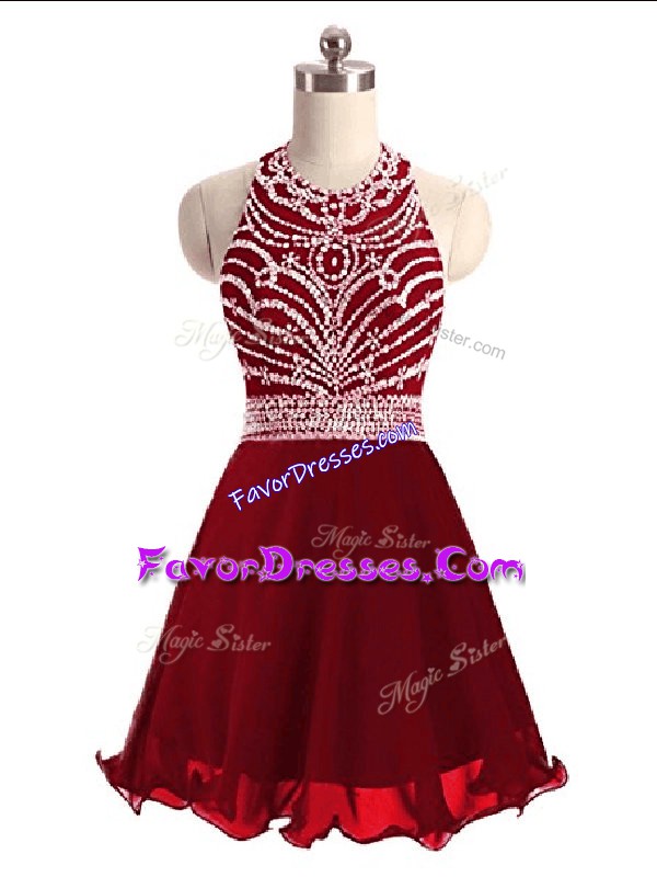 High Quality Halter Top Sleeveless Lace Up Prom Evening Gown Wine Red Chiffon