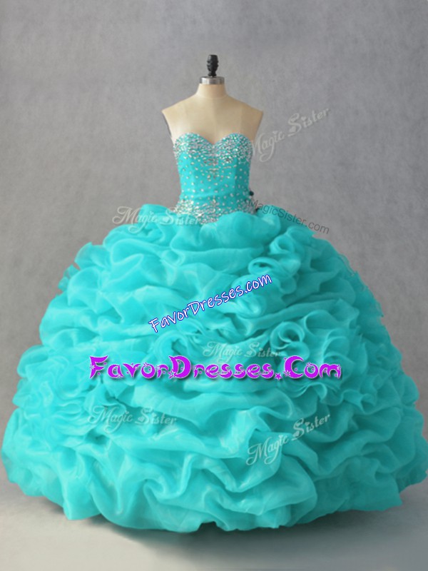 Exquisite Aqua Blue Sleeveless Floor Length Beading and Pick Ups and Hand Made Flower Lace Up Sweet 16 Dress