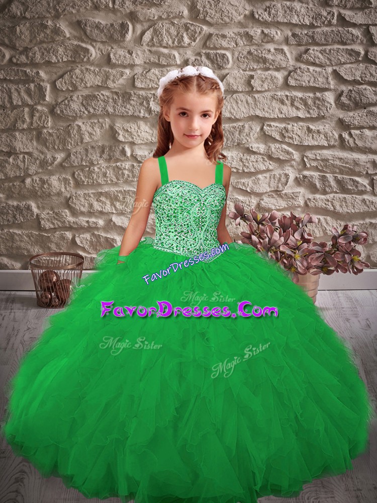  Green Straps Neckline Beading and Ruffles Custom Made Pageant Dress Sleeveless Lace Up
