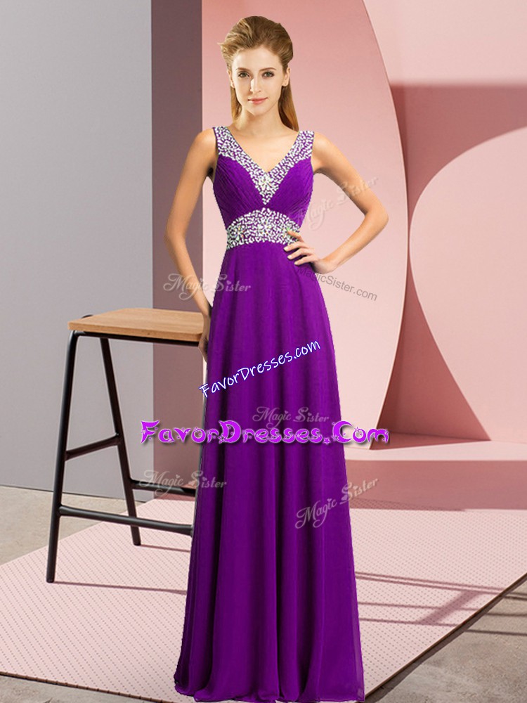  Purple Empire V-neck Sleeveless Chiffon Floor Length Lace Up Beading Prom Gown