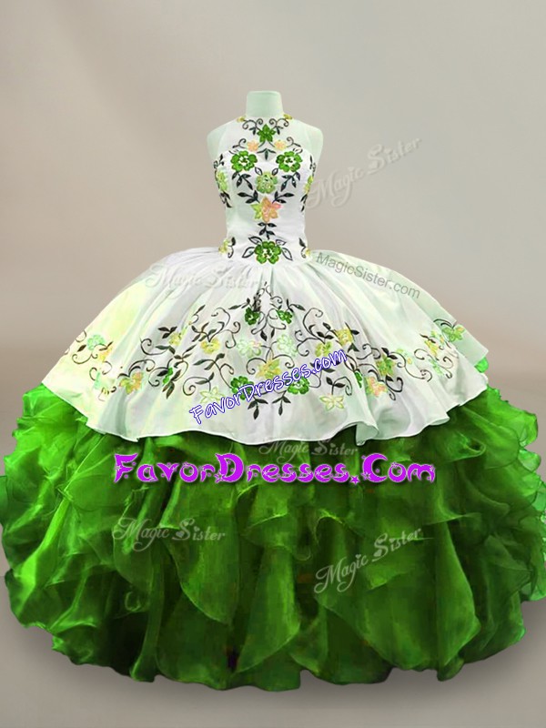 Free and Easy Halter Top Sleeveless Lace Up Sweet 16 Quinceanera Dress Green Organza
