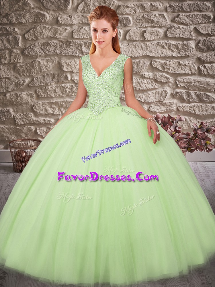  Yellow Green Quinceanera Gowns Tulle Brush Train Sleeveless Beading