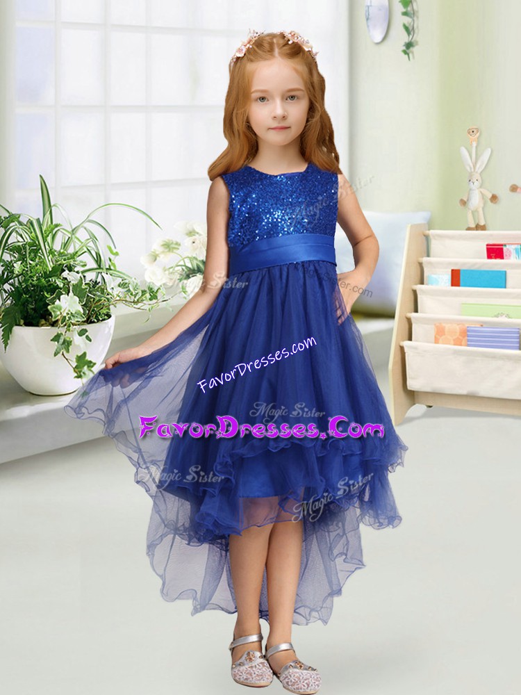  Organza Sleeveless High Low Flower Girl Dresses and Sequins and Bowknot