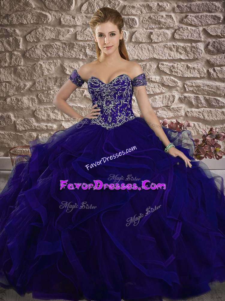 Stunning Purple Ball Gowns Sweetheart Sleeveless Tulle Sweep Train Lace Up Beading and Ruffles Sweet 16 Dresses