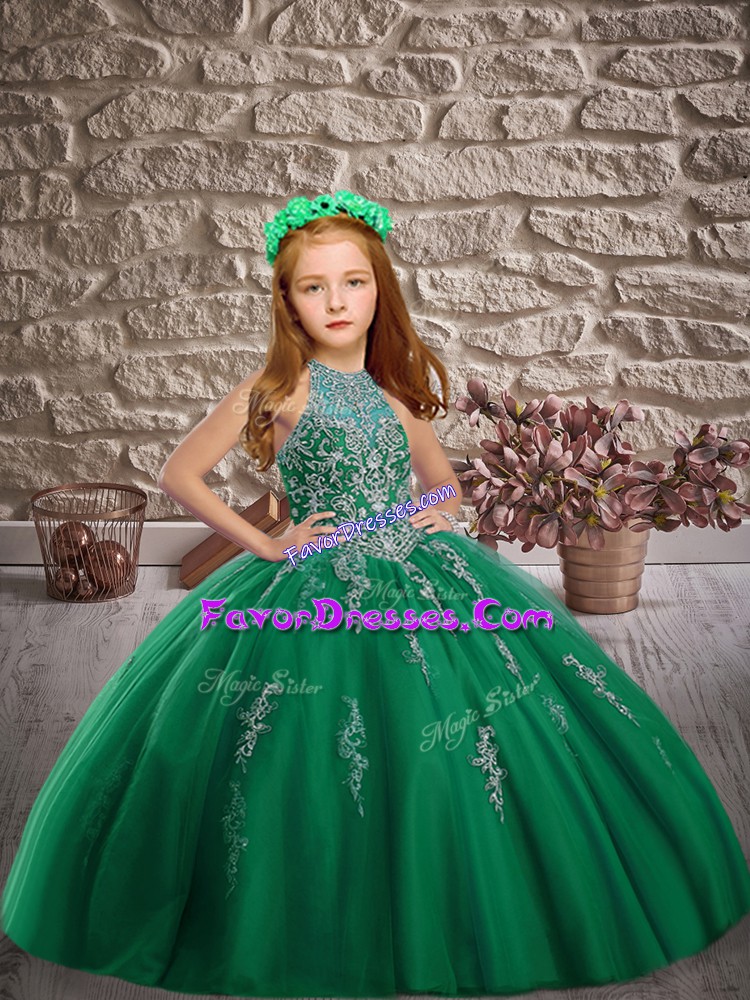  Sleeveless Beading Lace Up Pageant Gowns For Girls with Green Sweep Train