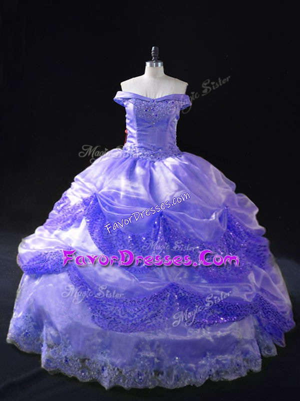  Lavender Sleeveless Organza Lace Up Quince Ball Gowns for Sweet 16 and Quinceanera