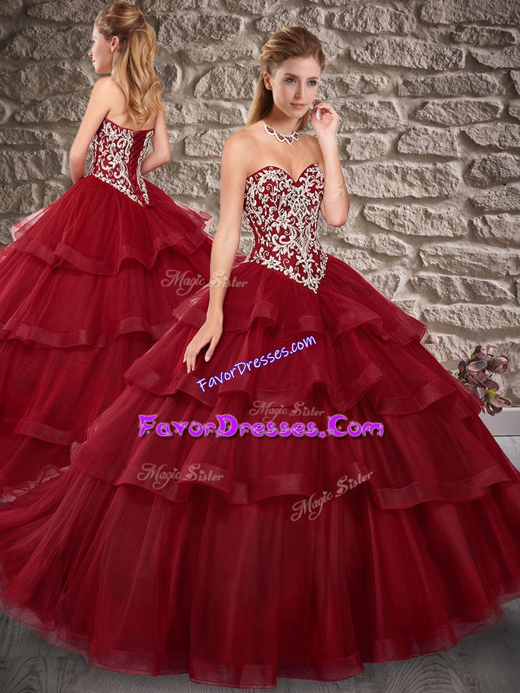  Wine Red Ball Gowns Sweetheart Sleeveless Tulle Brush Train Lace Up Embroidery and Ruffled Layers 15th Birthday Dress