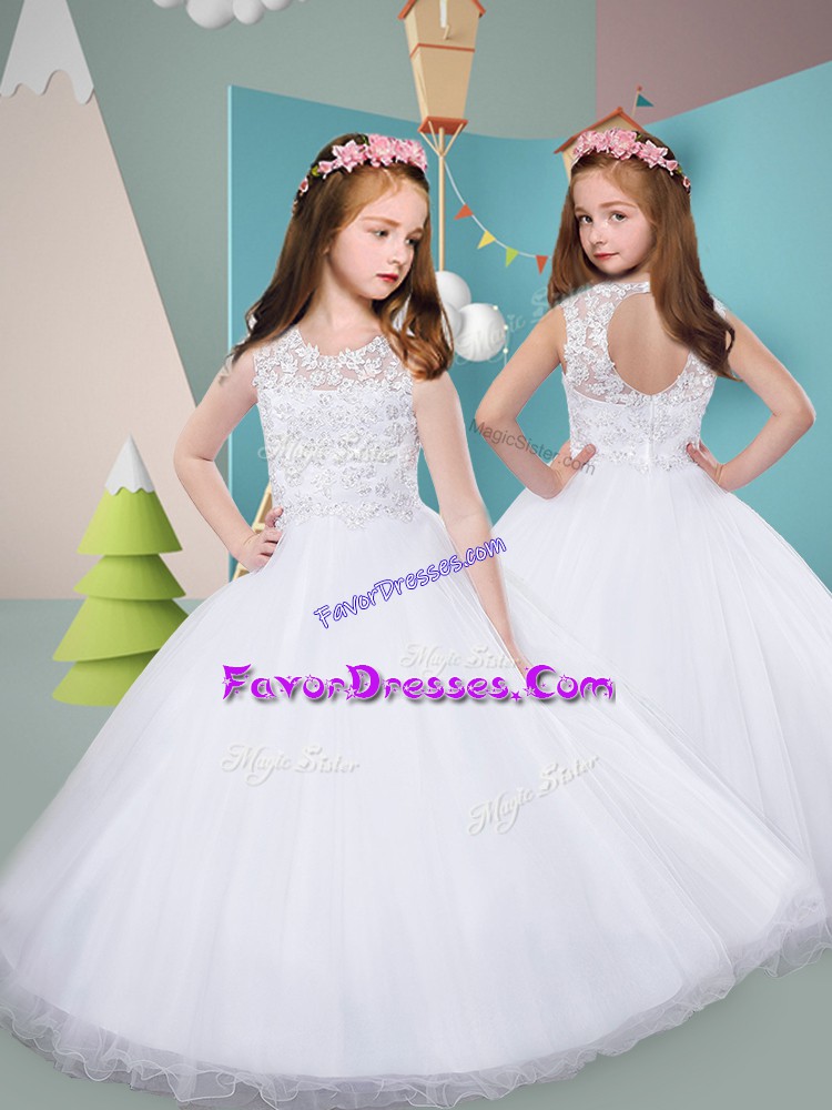 Graceful Floor Length White Toddler Flower Girl Dress Tulle Sleeveless Appliques