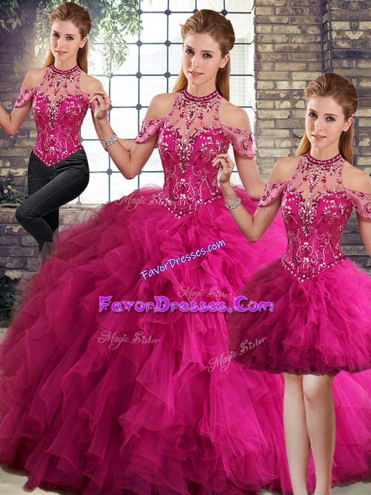  Fuchsia Lace Up Halter Top Beading and Ruffles Sweet 16 Dresses Tulle Sleeveless