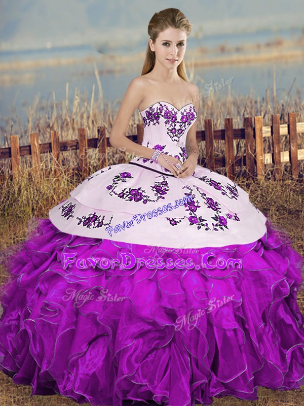 Luxurious Sleeveless Floor Length Embroidery and Ruffles and Bowknot Lace Up Sweet 16 Dress with White And Purple