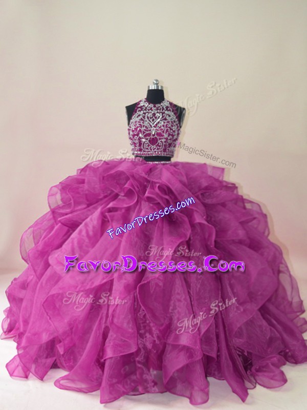 Stunning Fuchsia Ball Gowns Scoop Sleeveless Organza Brush Train Backless Beading and Ruffles Quinceanera Dresses